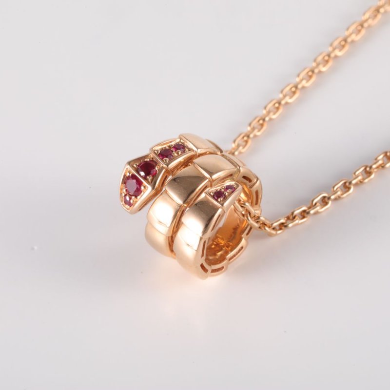 BVLGARI SerpentiViper三圈蛇頭項鏈紅寶石18K玫瑰金項鏈玫瑰金項鍊-1