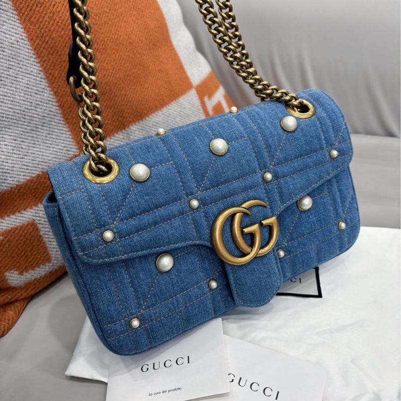 【近新閒置品】Gucci 牛仔珍珠Marmont26鏈條肩背包單肩包-0
