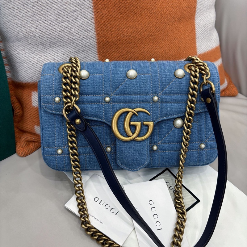 【近新閒置品】Gucci 牛仔珍珠Marmont26鏈條肩背包單肩包-1
