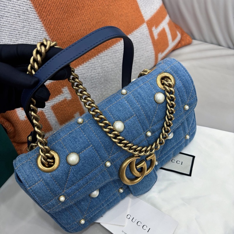 【近新閒置品】Gucci 牛仔珍珠Marmont26鏈條肩背包單肩包-3
