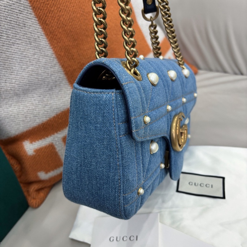 【近新閒置品】Gucci 牛仔珍珠Marmont26鏈條肩背包單肩包-4
