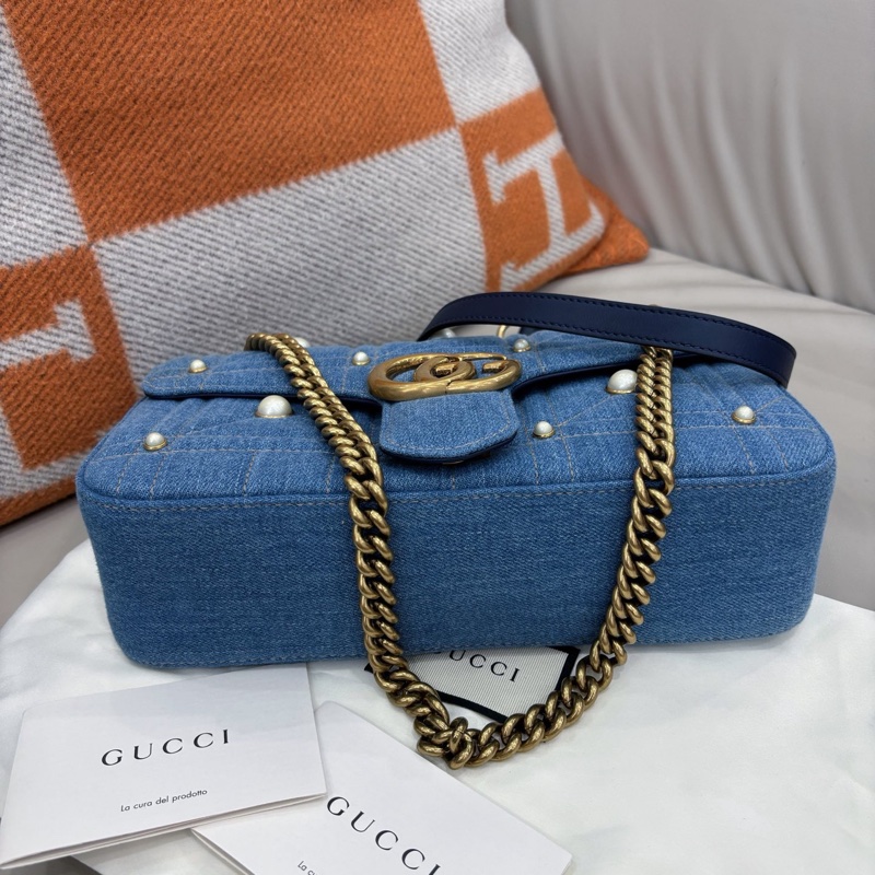 【近新閒置品】Gucci 牛仔珍珠Marmont26鏈條肩背包單肩包-5
