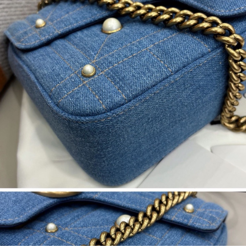 【近新閒置品】Gucci 牛仔珍珠Marmont26鏈條肩背包單肩包-6