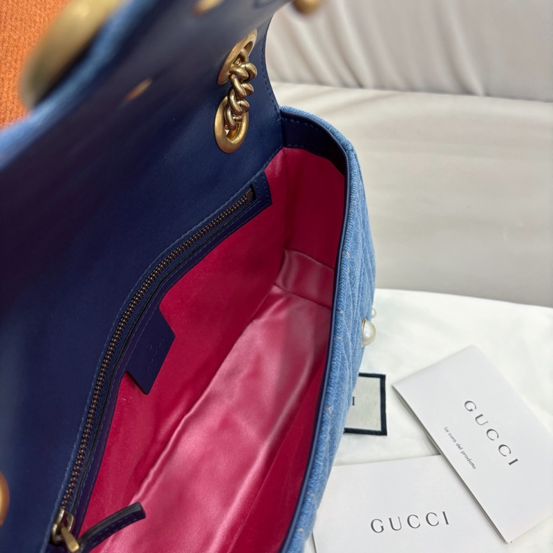 【近新閒置品】Gucci 牛仔珍珠Marmont26鏈條肩背包單肩包-8