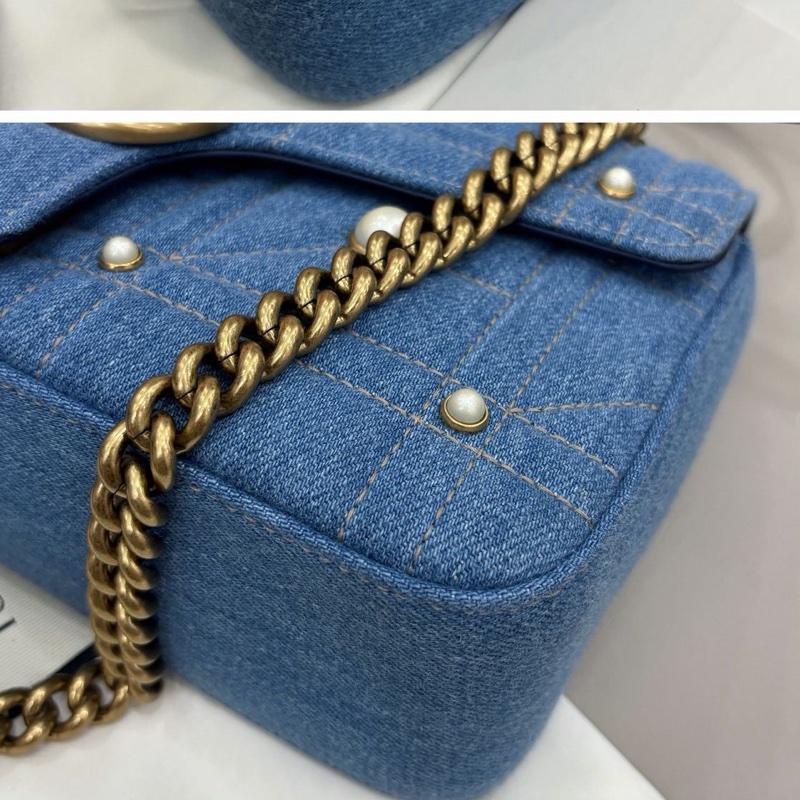 【近新閒置品】Gucci 牛仔珍珠Marmont26鏈條肩背包單肩包-9