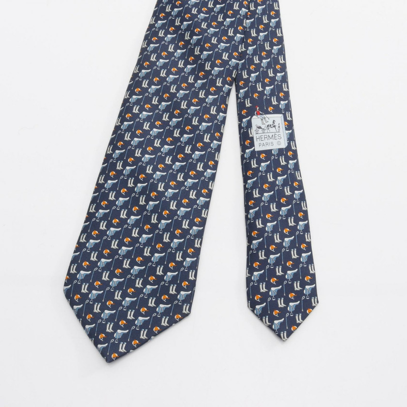 HERMES TENUE DE JOCKEY 領帶 絲質海軍橙色 二手男式-1