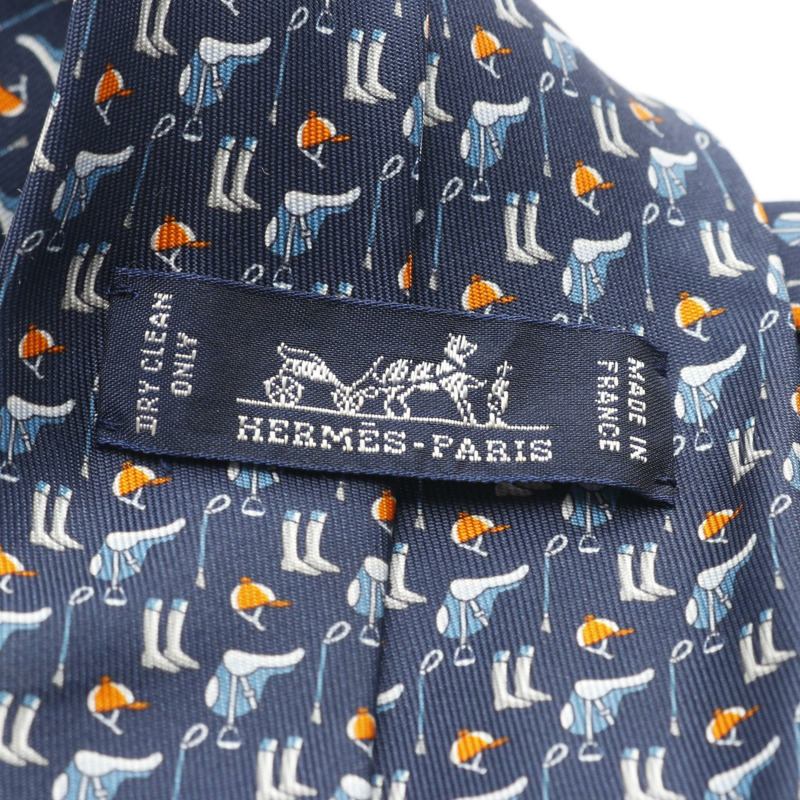 HERMES TENUE DE JOCKEY 領帶 絲質海軍橙色 二手男式-3