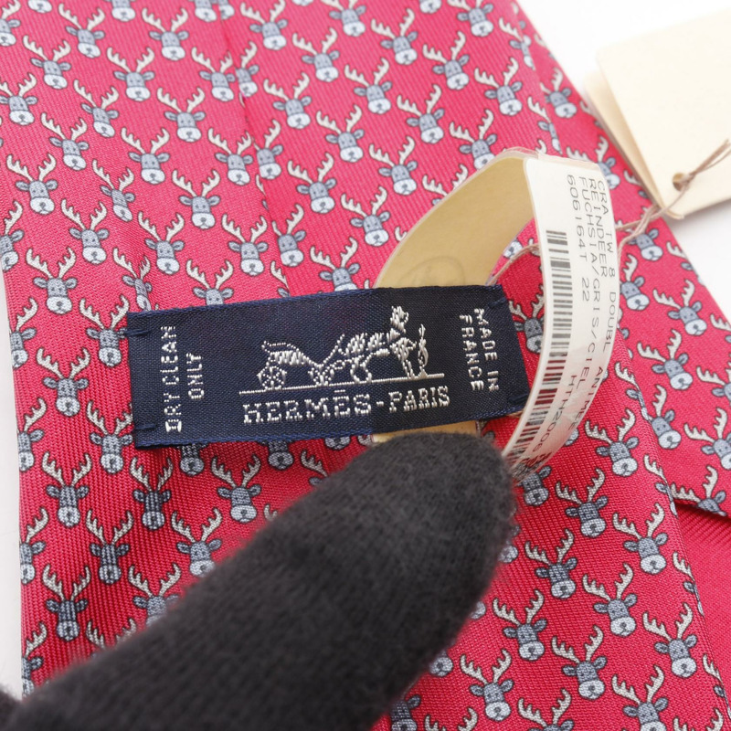 愛馬仕馴鹿領帶，真絲材質，粉紅色/藍色，二手男士款-3