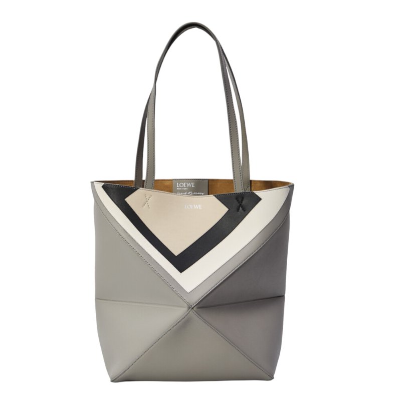 【LOEWE 羅威】x Albers Puzzle Fold Tote 中款 納帕小牛皮 折疊 托特包 灰色 淺灰色-0