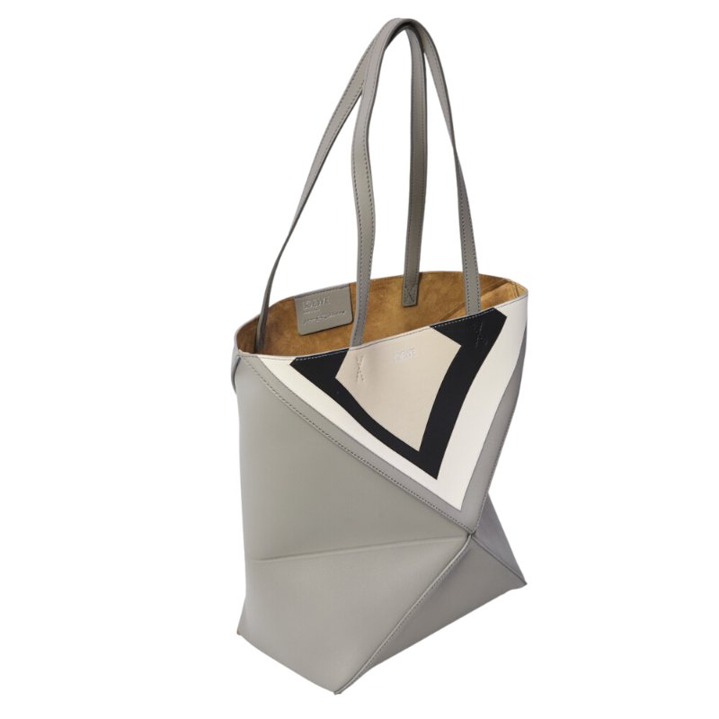 【LOEWE 羅威】x Albers Puzzle Fold Tote 中款 納帕小牛皮 折疊 托特包 灰色 淺灰色-2