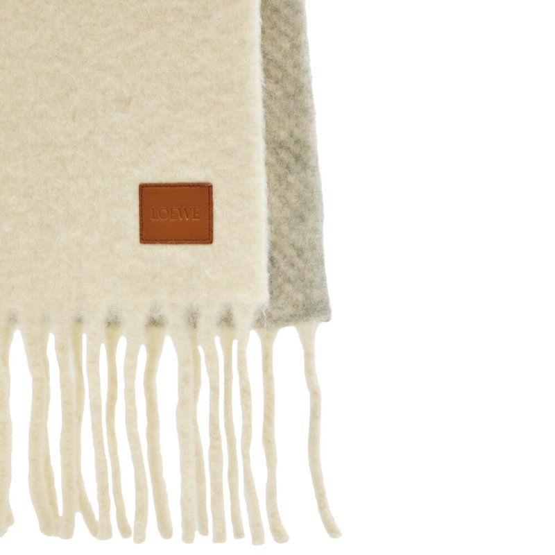 【LOEWE 羅威】多色斜紋緹花 流蘇 羊駝毛 羊毛 混紡 圍巾 灰色 白色 FSA6SS2W01-3