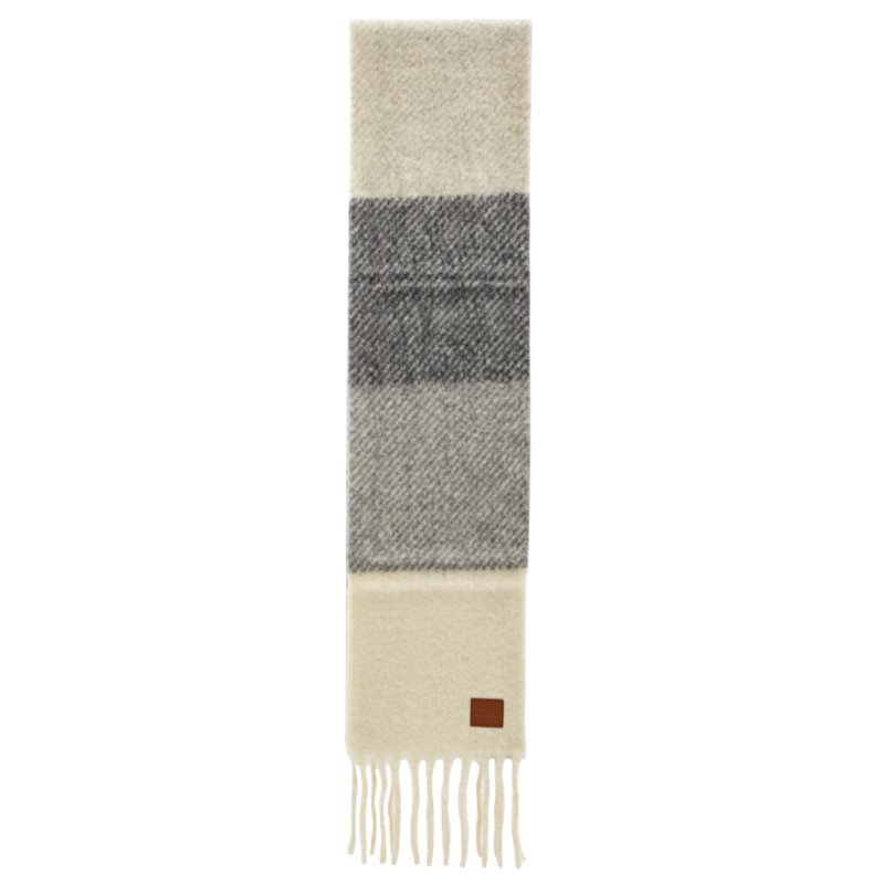 【LOEWE 羅威】多色斜紋緹花 流蘇 羊駝毛 羊毛 混紡 圍巾 灰色 白色 FSA6SS2W01-4