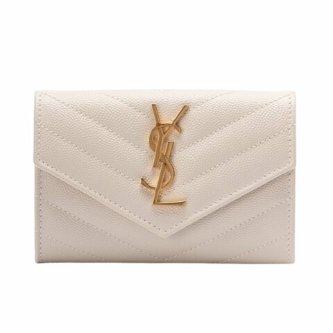 【YSL】SAINT LAURENT Monogram V紋 荔枝粒面牛皮 壓紋 小型 信封錢包 卡夾 零錢包 復古白色 414404