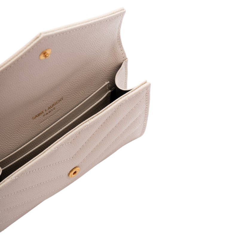 【YSL】SAINT LAURENT Monogram V紋 荔枝粒面牛皮 壓紋 小型 信封錢包 卡夾 零錢包 復古白色 414404-2