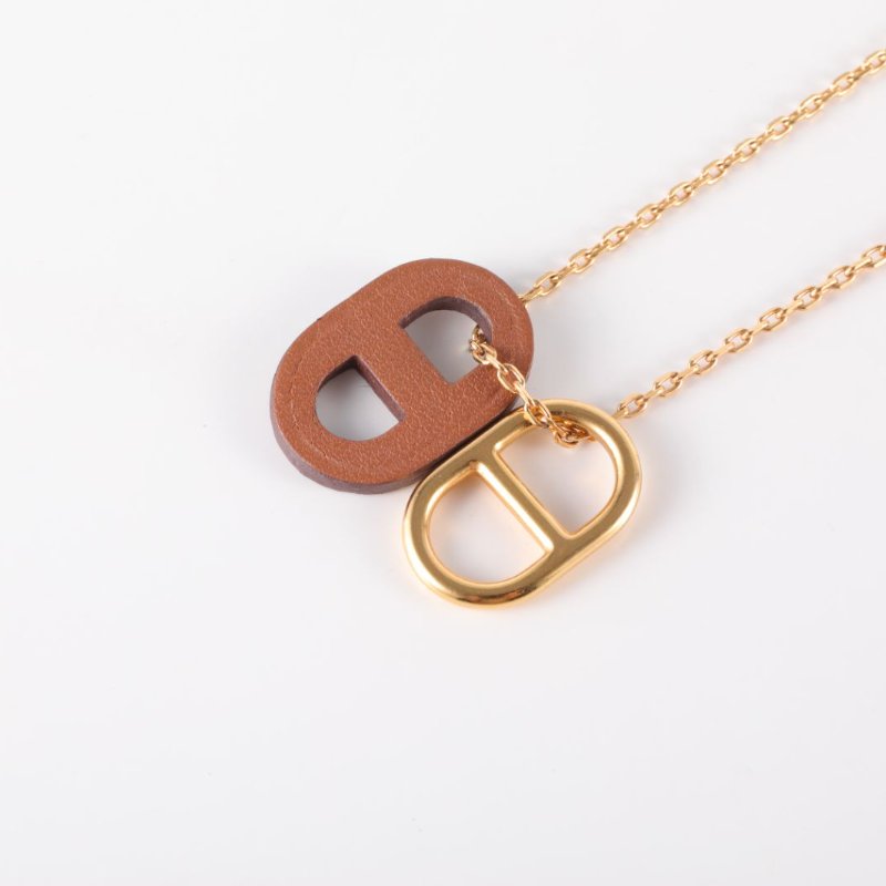 HERMES OMaillon豬鼻子項鏈牛皮/合金項鏈金色褐色項鍊-1