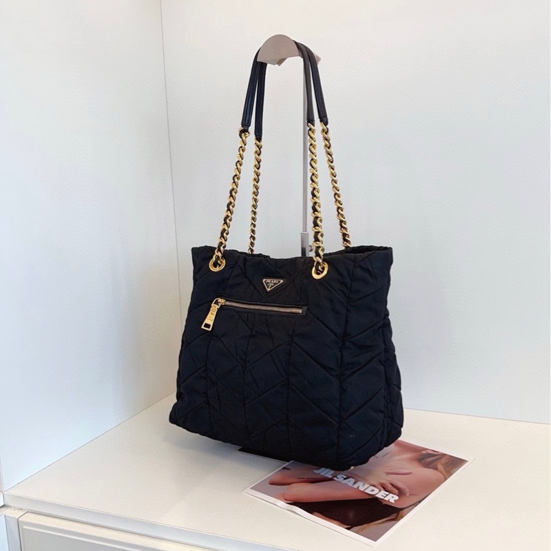 【99新🆕】Prada 黑銀尼龍菱格紋 皮穿鏈 雙鏈條肩帶tote托特包單肩包-2