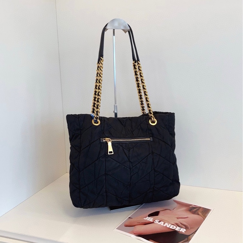 【99新🆕】Prada 黑銀尼龍菱格紋 皮穿鏈 雙鏈條肩帶tote托特包單肩包-3