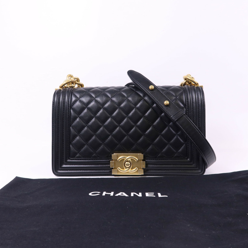 CHANEL 羊皮皮革Boy 25金扣鏈帶肩背袋-18