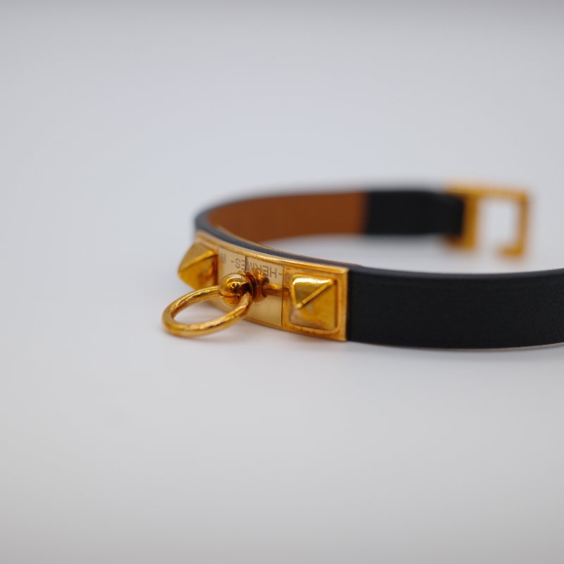 Hermès 愛馬仕 鉚釘 金屬色 黑色牛皮 手環-1