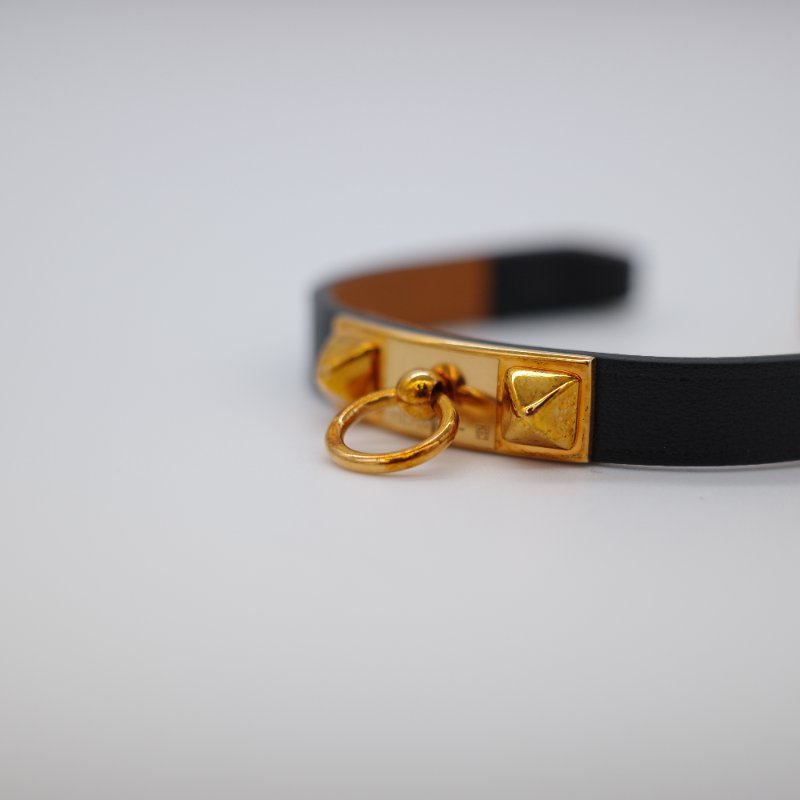 Hermès 愛馬仕 鉚釘 金屬色 黑色牛皮 手環-2