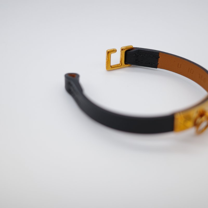 Hermès 愛馬仕 鉚釘 金屬色 黑色牛皮 手環-4