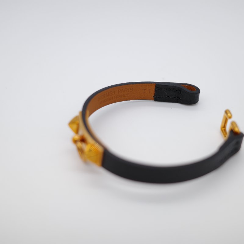Hermès 愛馬仕 鉚釘 金屬色 黑色牛皮 手環-5