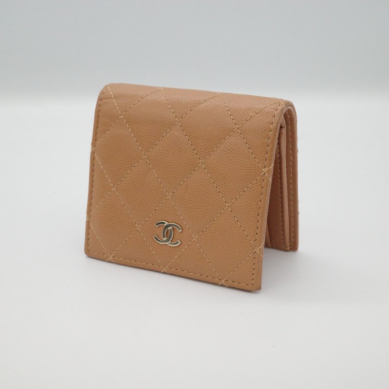 Chanel 香奈兒 焦糖色 荔枝牛皮 兩折 短夾 短錢包 （有鈔票位+零錢位）-1