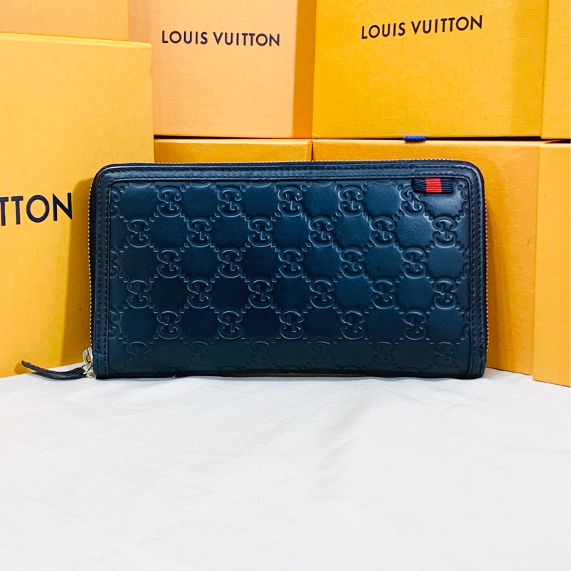 ✨經典實用 Gucci 古馳 深藍老花16卡拉鏈長夾-0