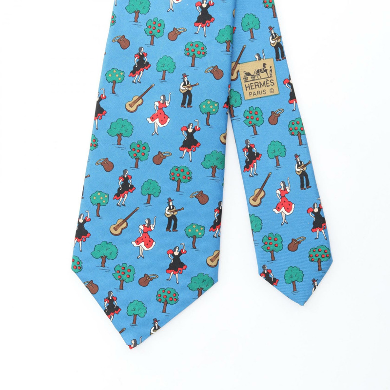 愛馬仕男士藍色多色真絲領帶（二手）-1