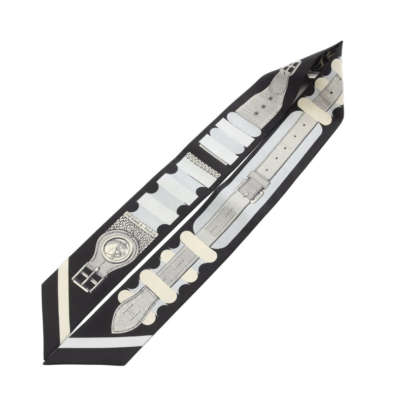 愛馬仕 Twilly Inventaire Poetique de Brides a Bloc 絲巾，黑色米色，二手-1