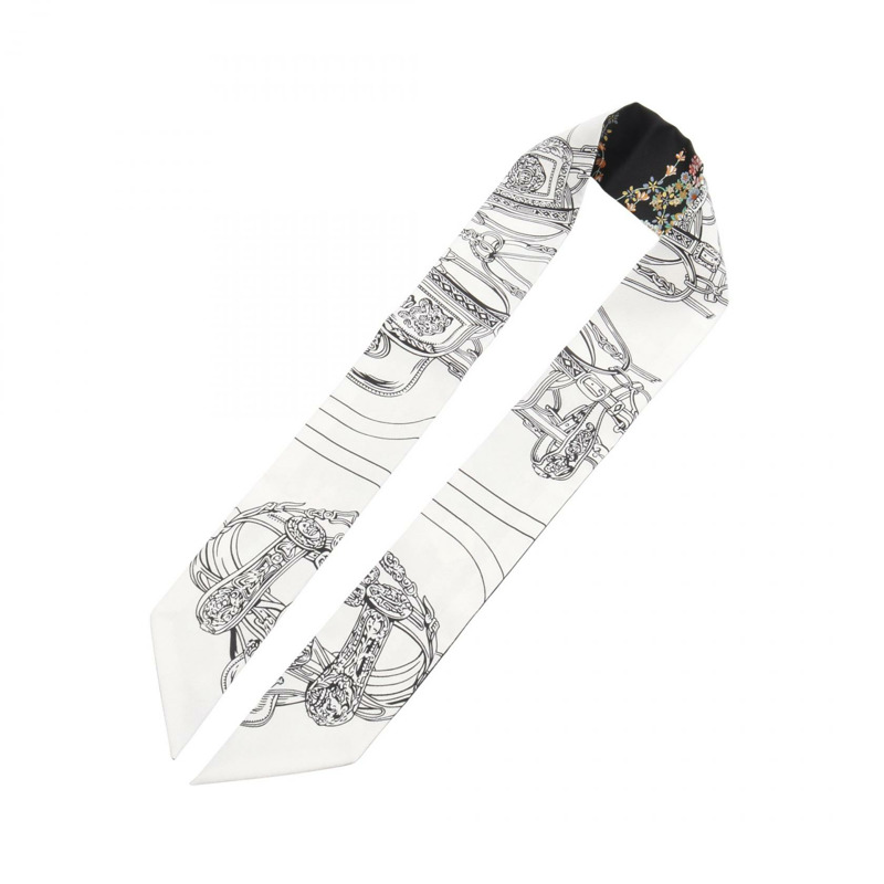 愛馬仕 Twilly 新娘盛典花卉絲巾 絲綢 黑白多色 二手-3