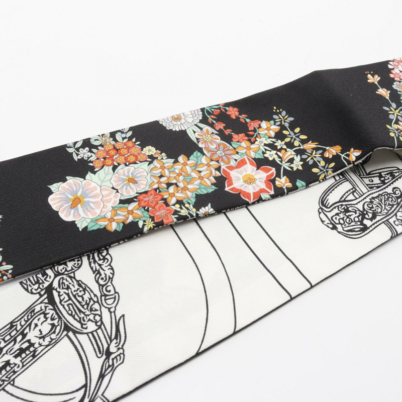 愛馬仕 Twilly 新娘盛典花卉絲巾 絲綢 黑白多色 二手-4