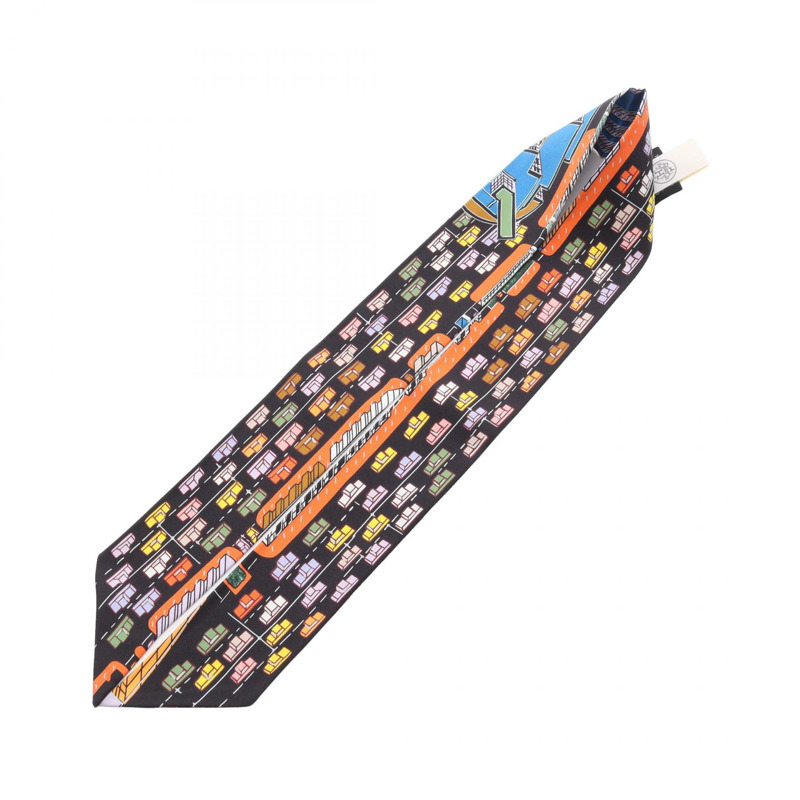 愛馬仕 Twilly PANTIN CITY 絲巾，黑色多色真絲，二手女款-2