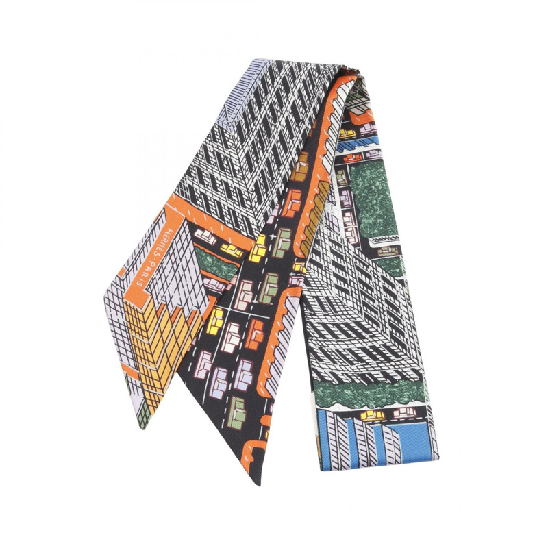 愛馬仕 Twilly PANTIN CITY 絲巾，黑色多色真絲，二手女款-0