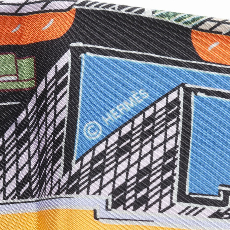 愛馬仕 Twilly PANTIN CITY 絲巾，黑色多色真絲，二手女款-1