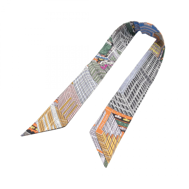 愛馬仕 Twilly PANTIN CITY 絲巾，黑色多色真絲，二手女款-3
