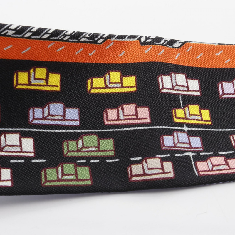 愛馬仕 Twilly PANTIN CITY 絲巾，黑色多色真絲，二手女款-4