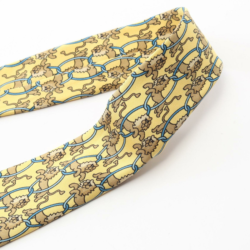 愛馬仕男士黃色多色真絲領帶(二手)-5