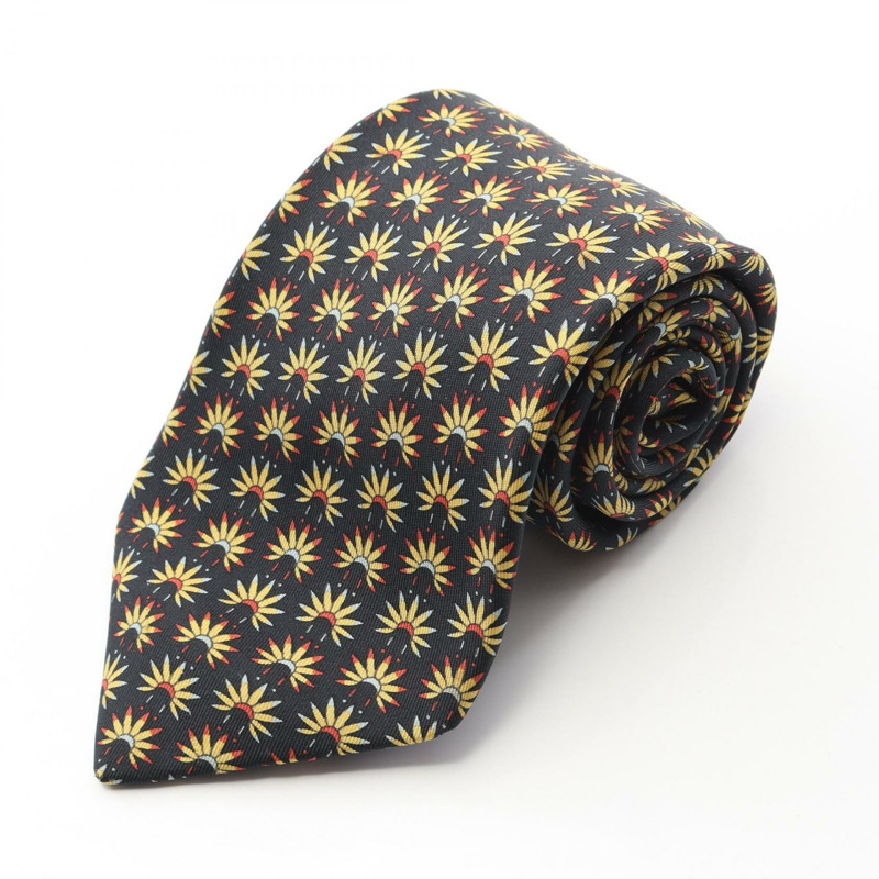 愛馬仕男士真絲領帶，黑色、黃色、橙色多色，二手。-0