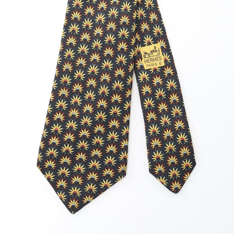 愛馬仕男士真絲領帶，黑色、黃色、橙色多色，二手。-1
