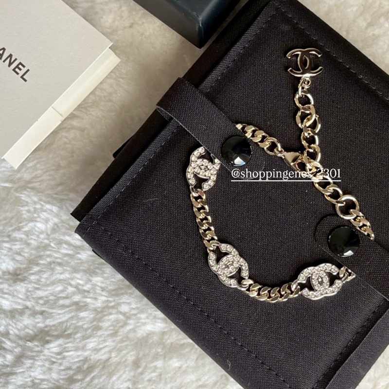 香奈兒 Chanel 全新品 經典水鑽三花logo手鍊 淡金色-0