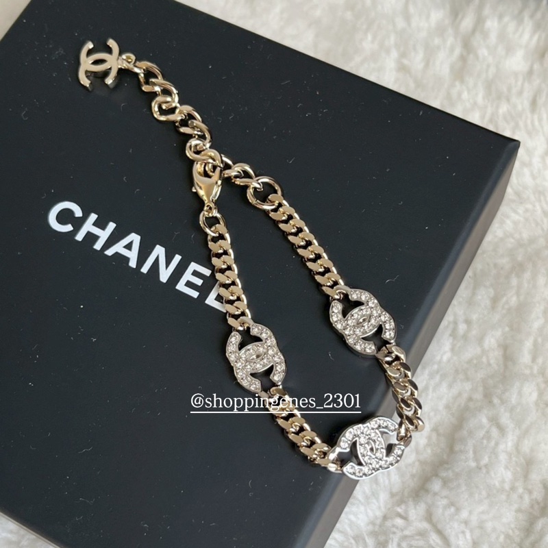 香奈兒 Chanel 全新品 經典水鑽三花logo手鍊 淡金色-3