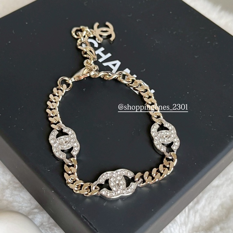 香奈兒 Chanel 全新品 經典水鑽三花logo手鍊 淡金色-4
