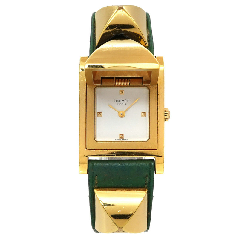 愛馬仕 Medor 女士金字塔金鉚釘腕錶，搭配白色和綠色皮革錶帶，石英機芯-0
