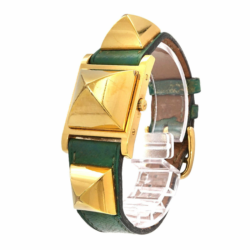 愛馬仕 Medor 女士金字塔金鉚釘腕錶，搭配白色和綠色皮革錶帶，石英機芯-1