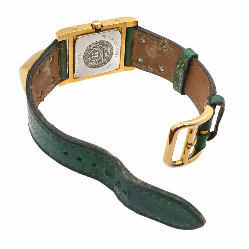 愛馬仕 Medor 女士金字塔金鉚釘腕錶，搭配白色和綠色皮革錶帶，石英機芯-3