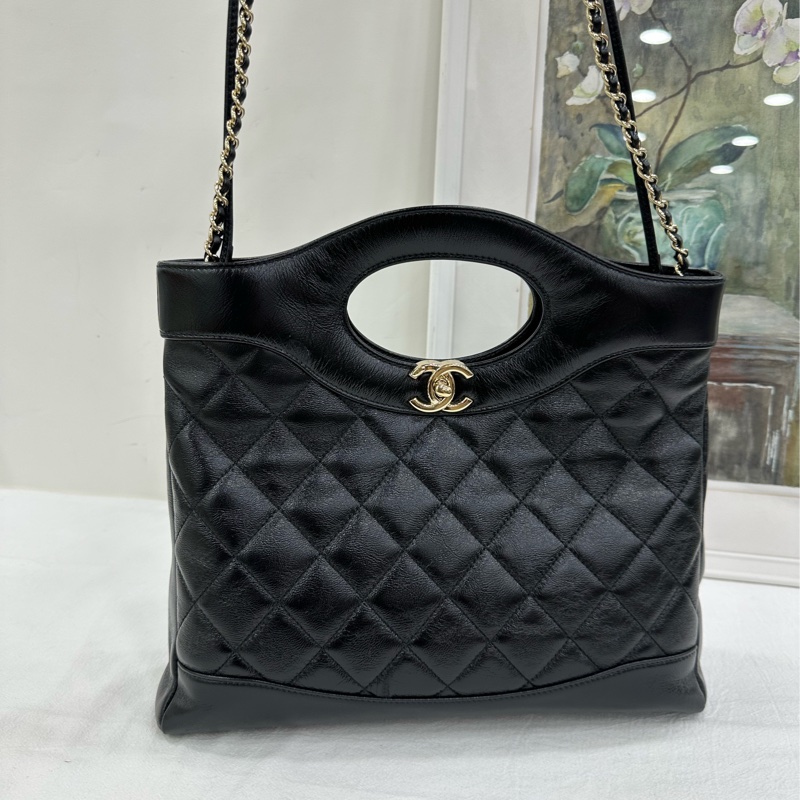 Chanel 24B 31bag大號 黑金牛皮鏈條包 晶片 有購證-7