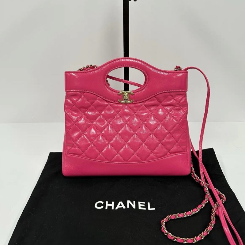 CHANEL 桃紅色金扣31bag mini手提肩背斜背包 22*5.5*23 98新配件塵袋-0
