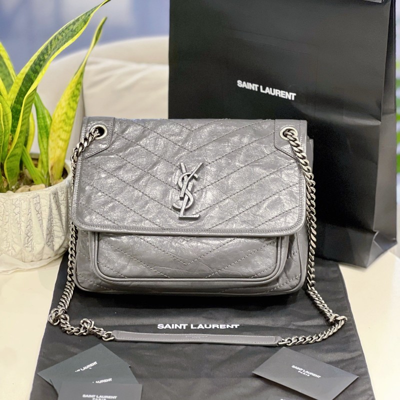 YSL niki中號 灰色小牛皮復古皺褶 鏈條包 新款D扣-0