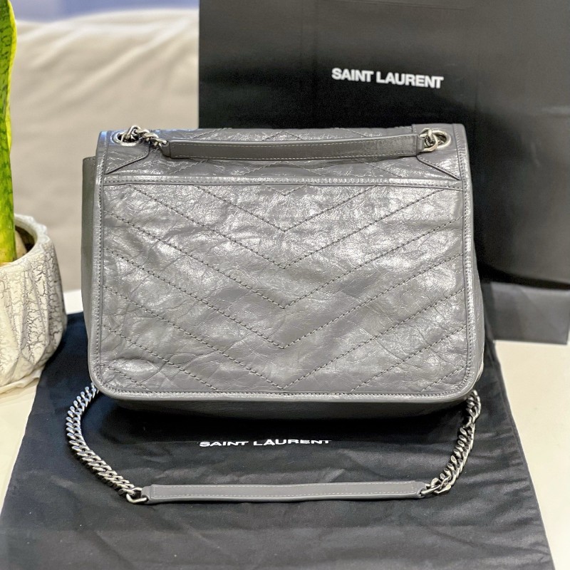 YSL niki中號 灰色小牛皮復古皺褶 鏈條包 新款D扣-1